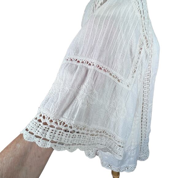 Democracy Women’s Ivory Gauzy Cotton Crochet Trim 3/4 Sleeve Boho Top Medium EUC - Picture 4 of 13